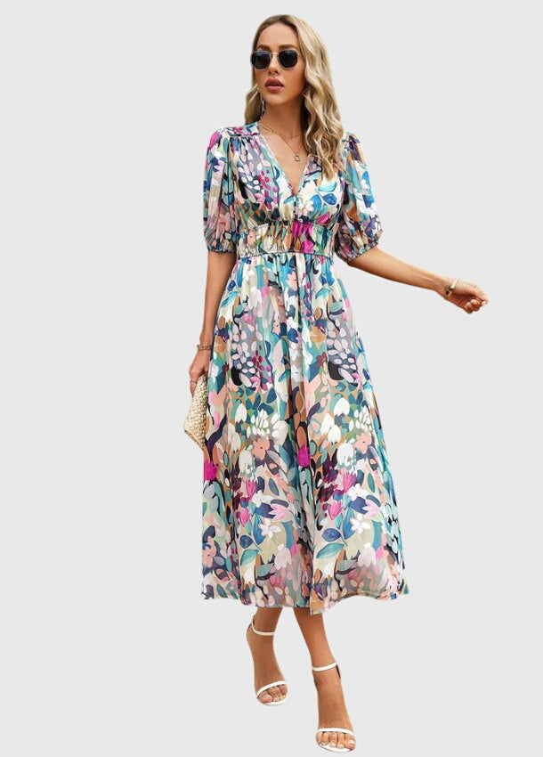 Merlin | Flatterende Blomster Midi Kjole