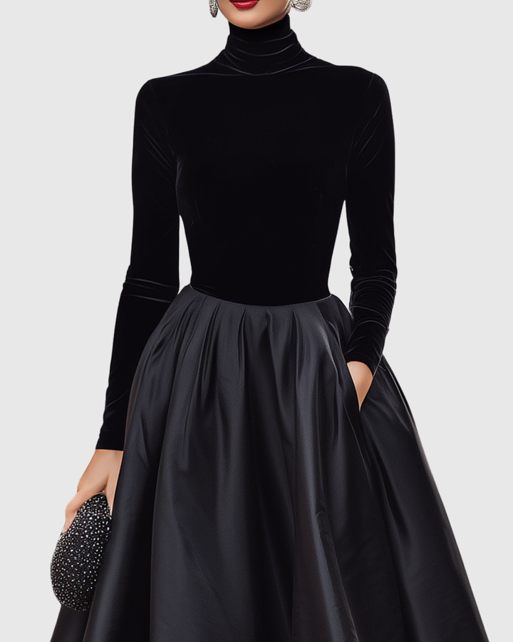 Aradia | Elegant Sort Velvet Og Satin Midi Kjole