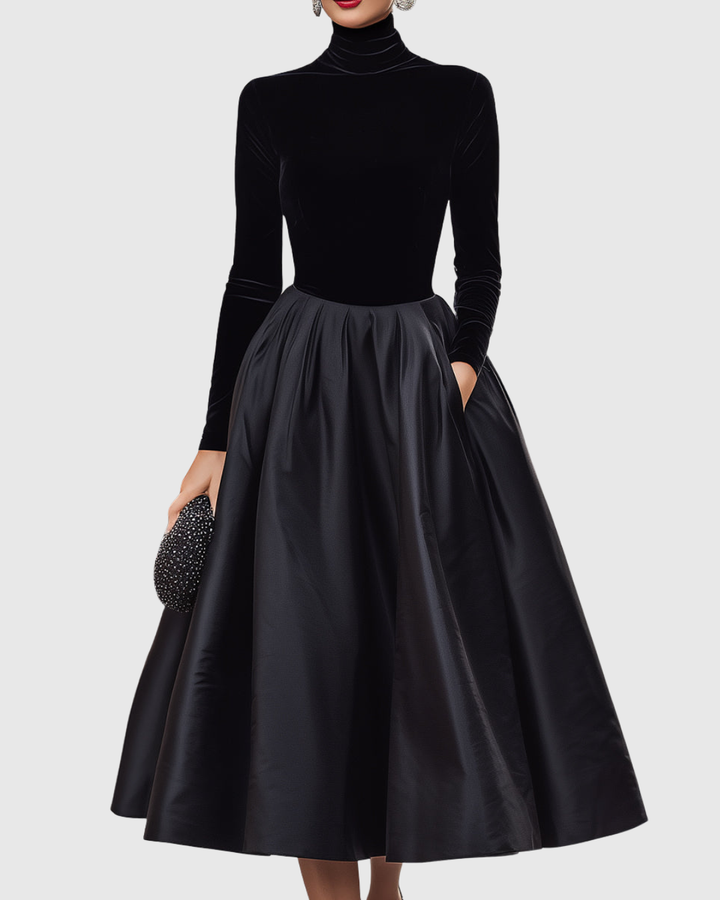 Aradia | Elegant Sort Velvet Og Satin Midi Kjole