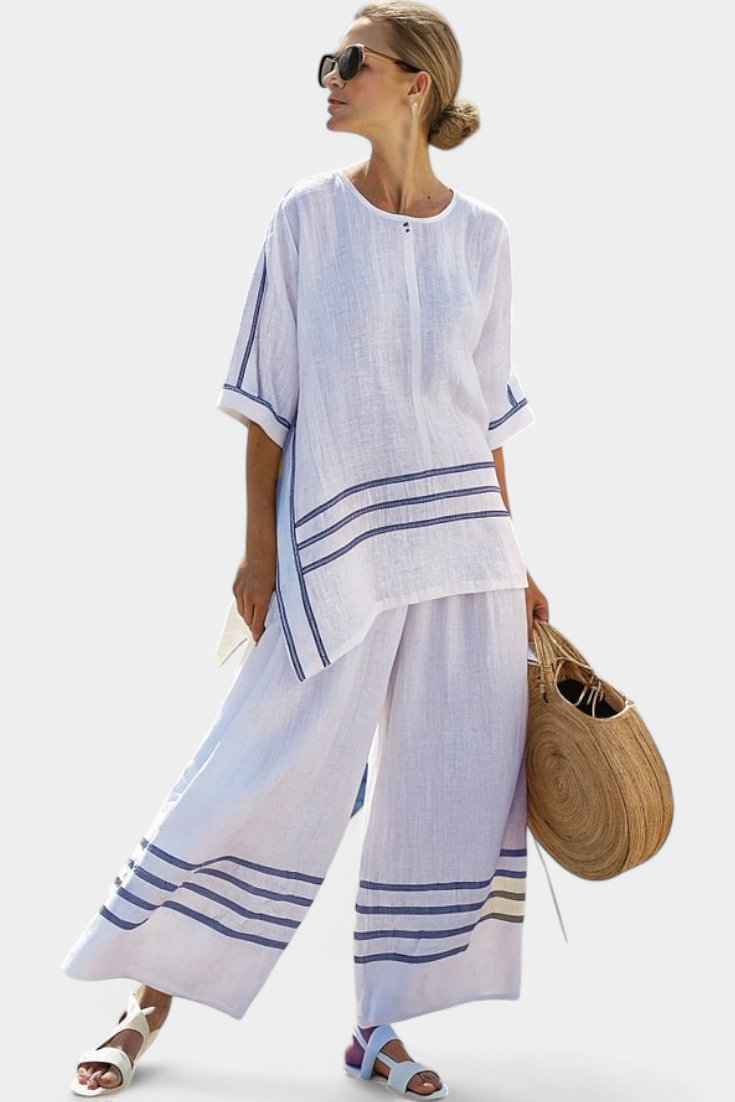 Wynric | Sofistikeret Stribet Asymmetrisk Top &amp; Vovede Bukser