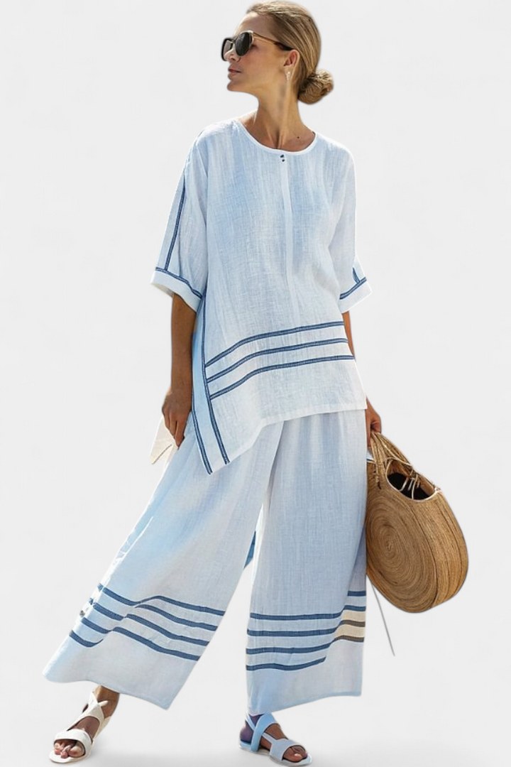 Wynric | Sofistikeret Stribet Asymmetrisk Top &amp; Vovede Bukser
