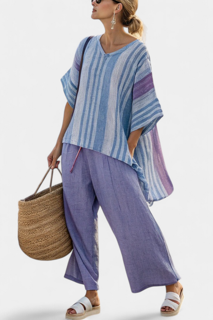 Zellora | Elegant Lavendel &amp; Himmelblå Top &amp; Linnedbukser