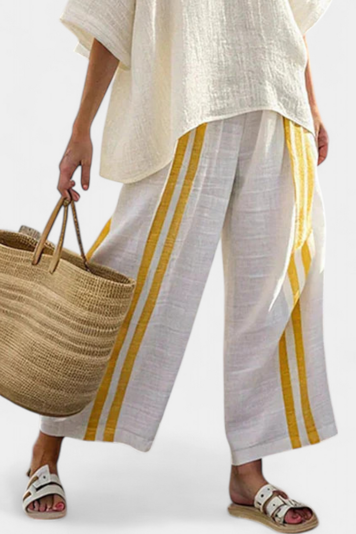 Anselor | Elegant Gul Stribet Linned Top &amp; Bredbenede Bukser