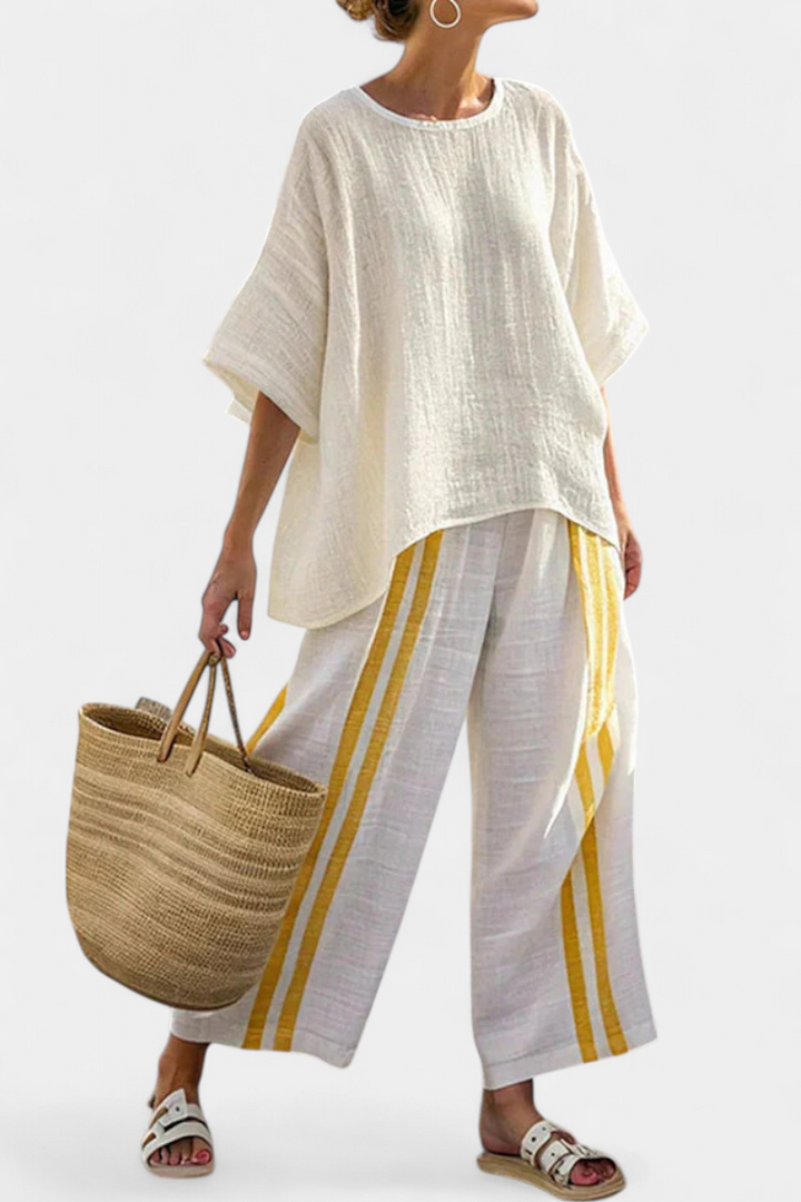 Anselor | Elegant Gul Stribet Linned Top &amp; Bredbenede Bukser