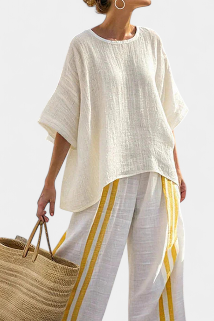 Anselor | Elegant Gul Stribet Linned Top &amp; Bredbenede Bukser