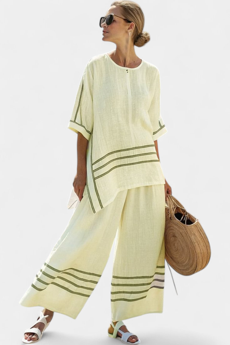 Wynric | Sofistikeret Stribet Asymmetrisk Top &amp; Vovede Bukser