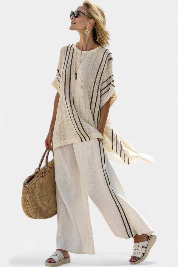 Greysen | Elegant Elfenbensfarvet Linned Bluse &amp; Sorte Stribede Bukser