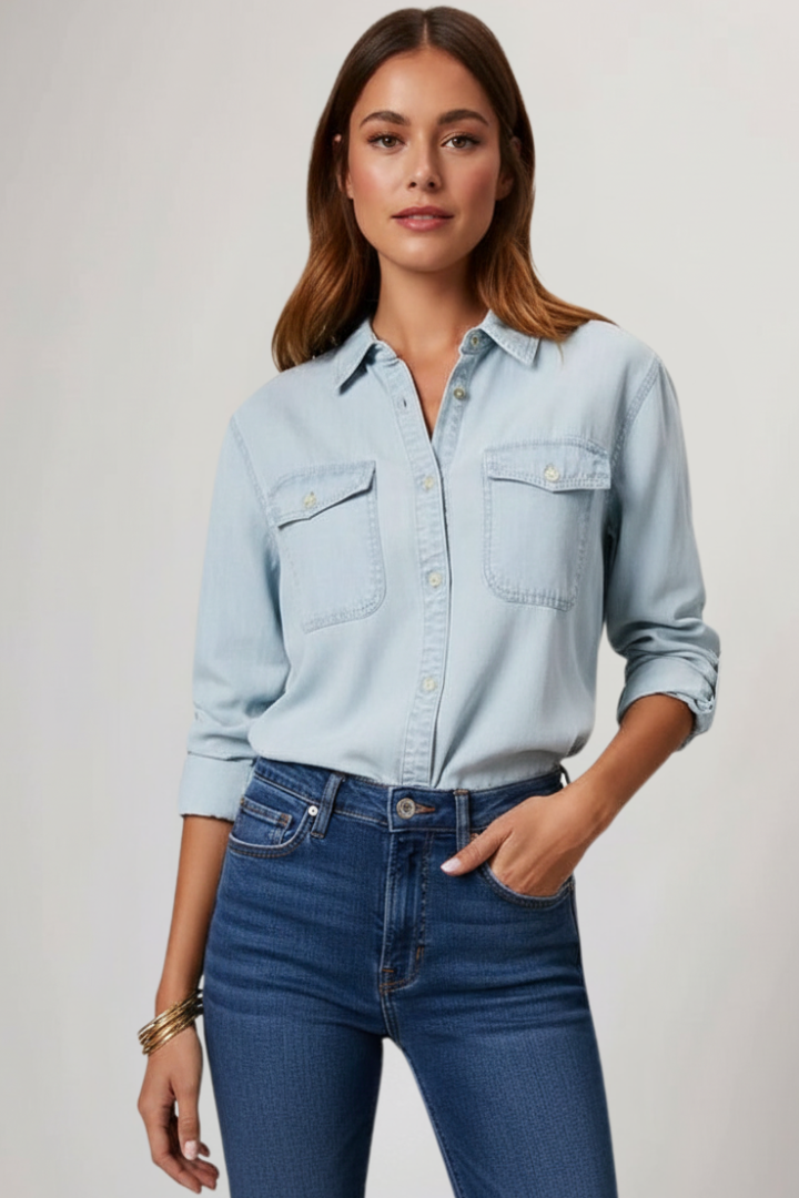 Peyton | Kvinders Klassiske Denimskjorte med Knapper og Lange Ærmer