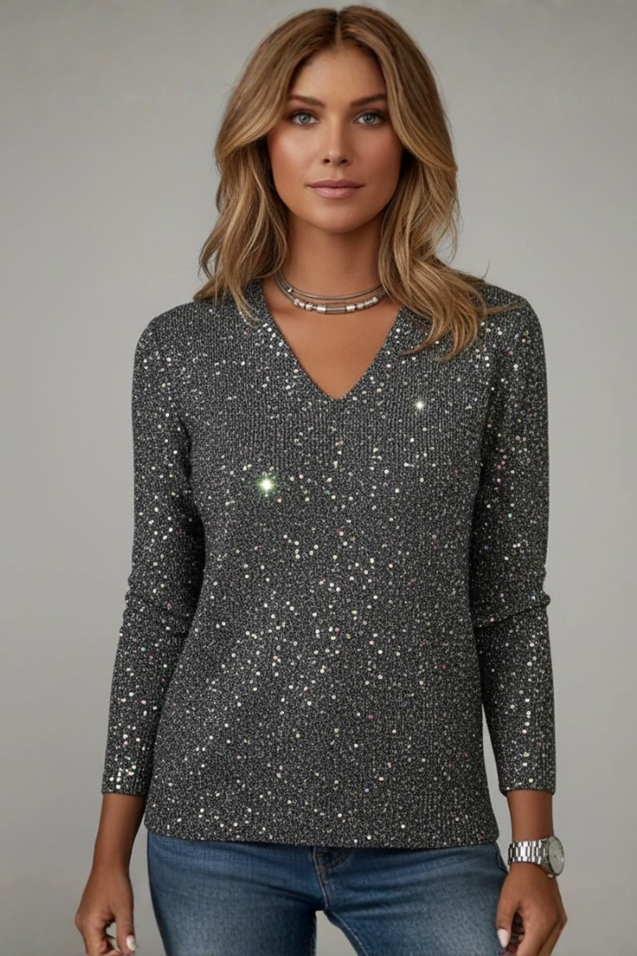 Samantha | Kvinders Paillet V-Hals Langærmet Sweater